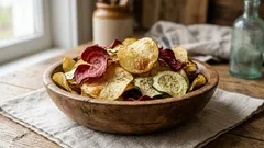 Zelfgemaakte ovengebakken chips: knapperige plakjes aardappel, rode biet en courgette